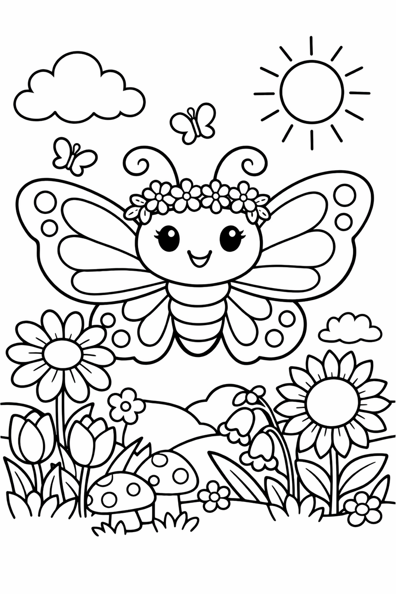 Butterfly wearing a tiny flower crown over a garden coloring page