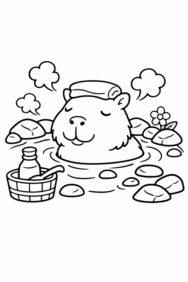 Capybara relaxing in a steamy hot spring with a towel on its head coloring page