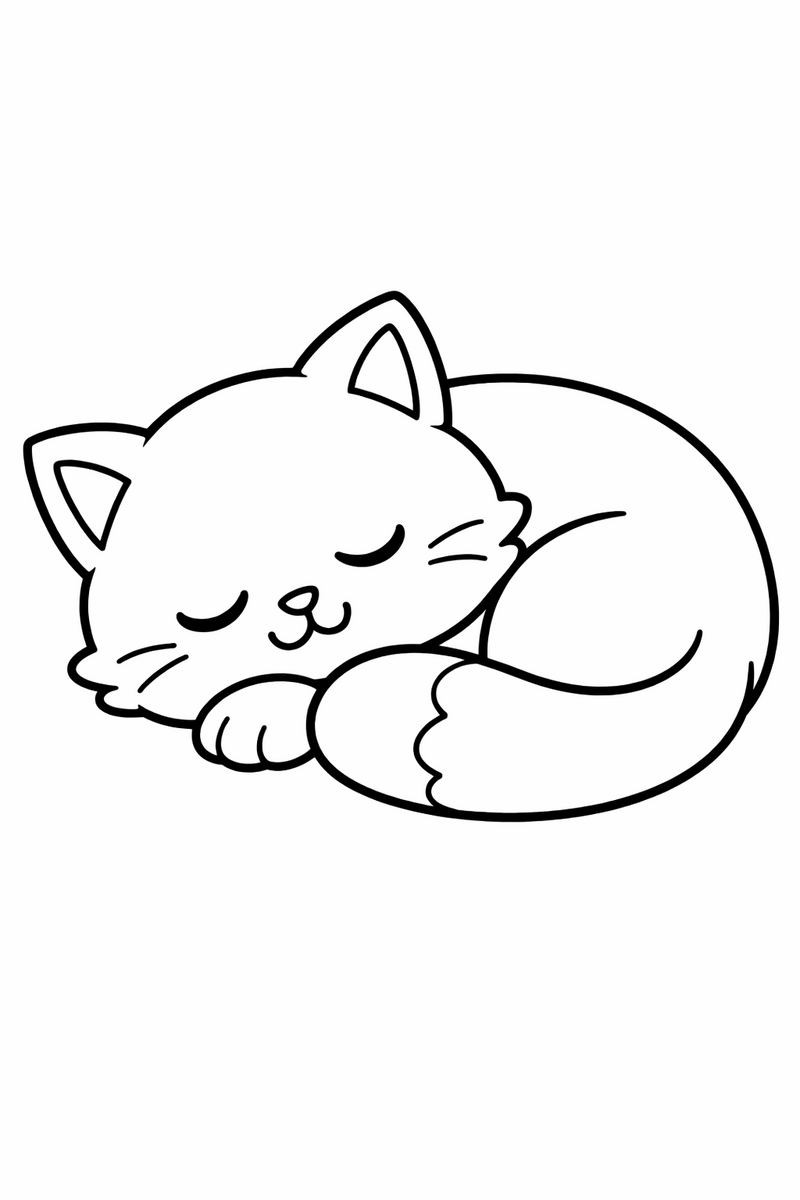 Cute cat curled up sleeping coloring page