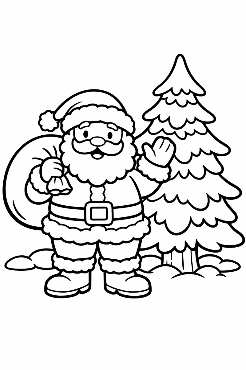 Santa Claus with a round belly and a fluffy beard waving hello, holding a big sack of gifts next to a snowy pine tree coloring page
