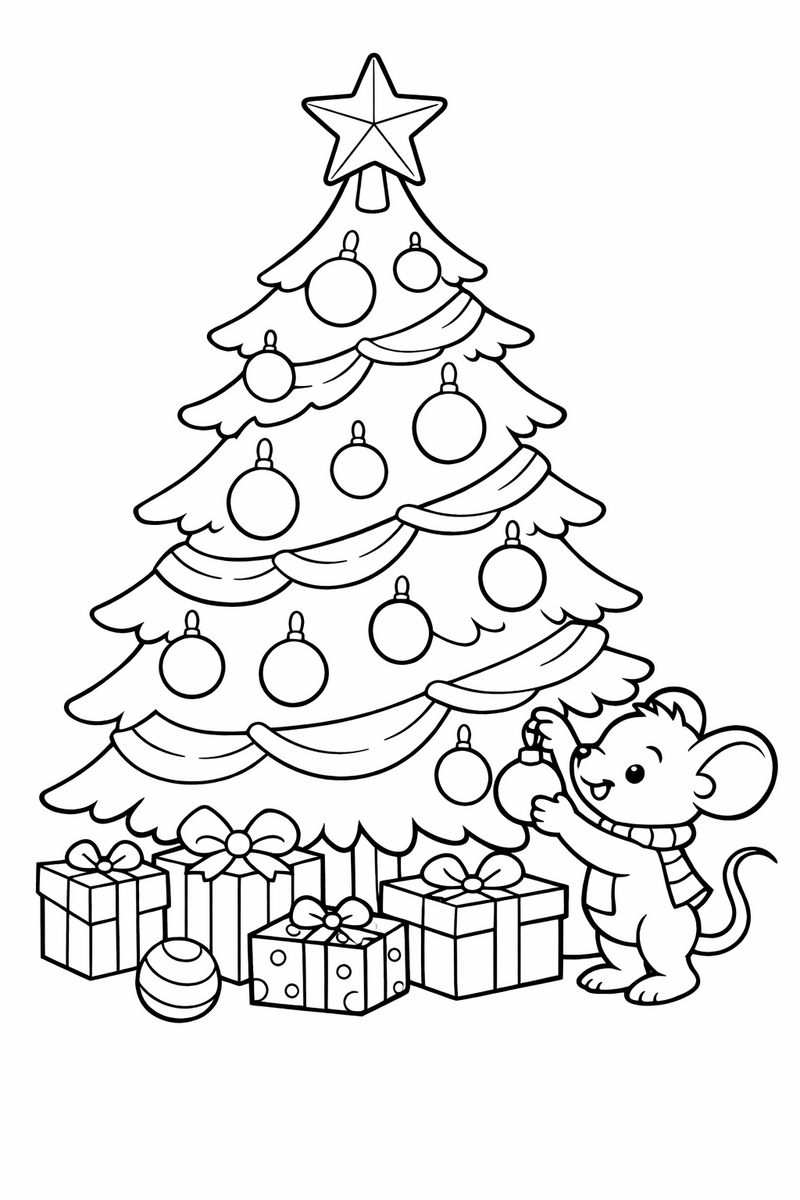 A tall decorated Christmas tree with a big star on top, round ornaments, a ribbon garland and wrapped presents underneath, with a little mouse hanging one more bauble coloring page