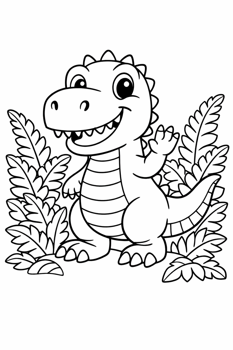 Friendly T-rex with tiny arms waving hello among ferns coloring page