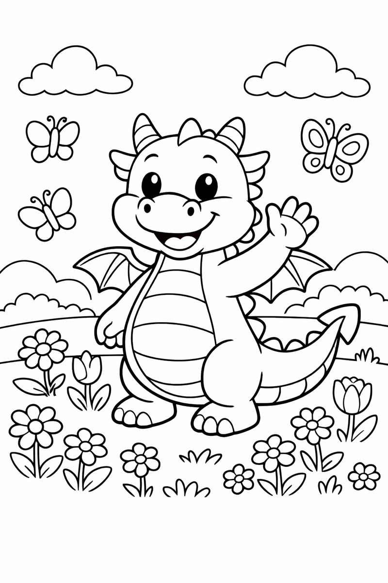 A friendly smiling dragon with small wings and a round belly waving hello in a meadow full of flowers and butterflies coloring page