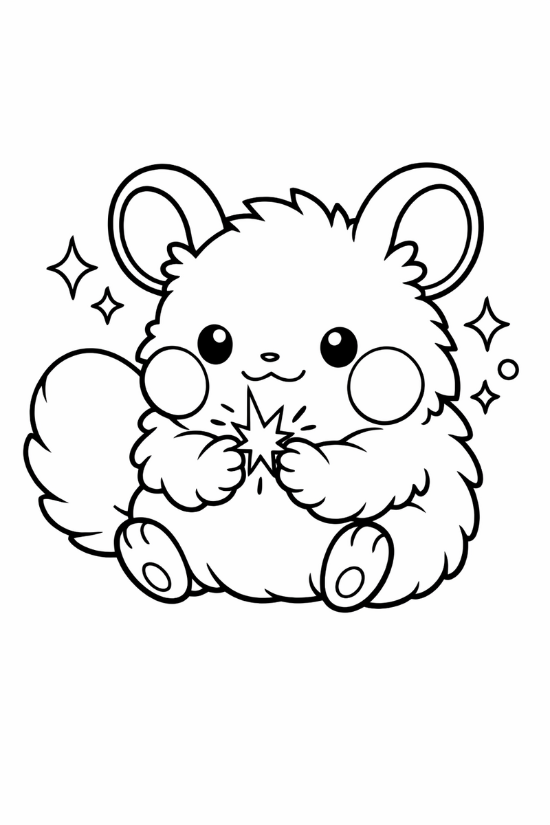 Pikachu sits holding a little glowing spark, with sparkles floating all around coloring page