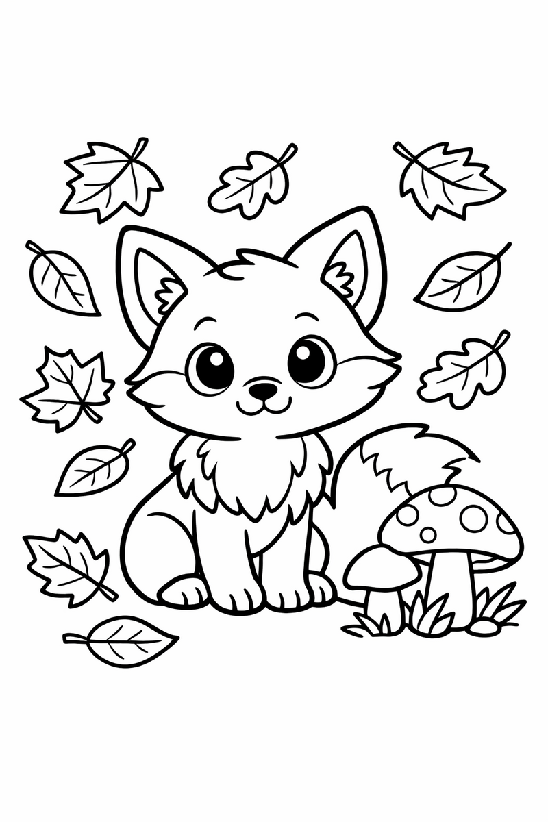 A cute fox with a bushy tail sitting among falling autumn leaves next to a pair of mushrooms coloring page
