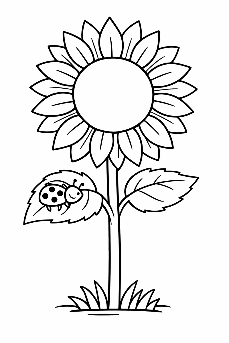 A tall sunflower with a big round center and large petals, with a little ladybug resting on one of its leaves coloring page