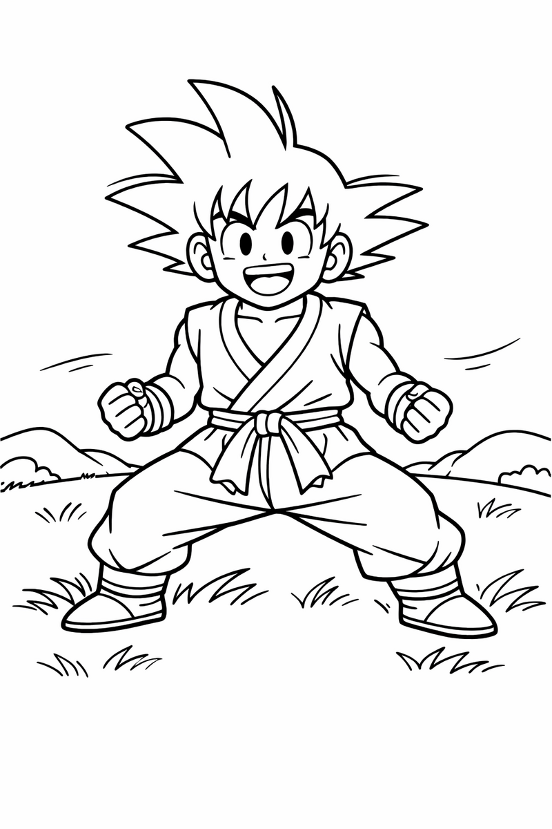 Goku the cheerful spiky black haired martial artist in a loose orange training gi with a blue sash and blue wristbands, standing in a wide ready stance on a grassy hilltop with a light breeze in the grass, coloring page