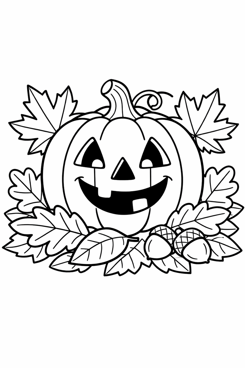 Smiling jack-o-lantern pumpkin sitting among autumn leaves coloring page