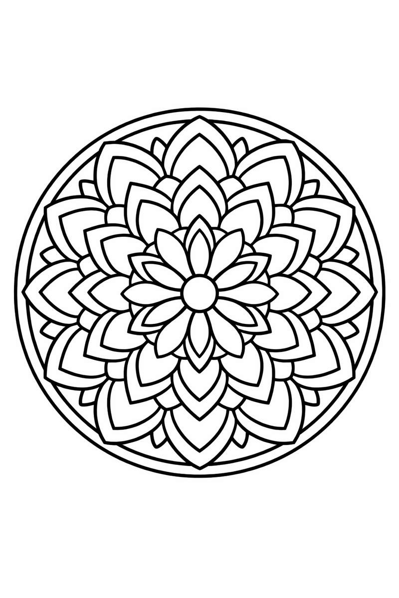 Rose window mandala with layered petal arches coloring page