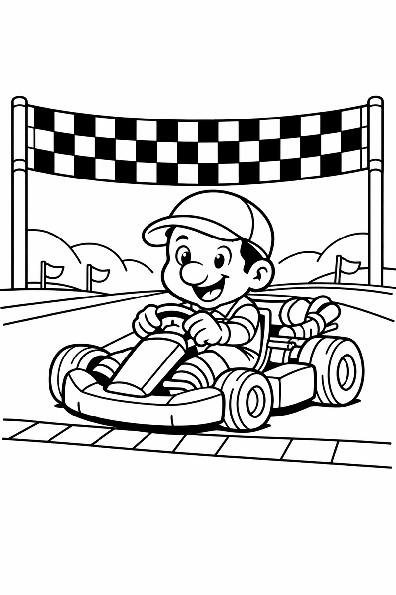 A cheerful cartoon plumber in a round red cap gripping the wheel of a small open go kart on the starting line of a race track, with a chequered banner stretched overhead coloring page