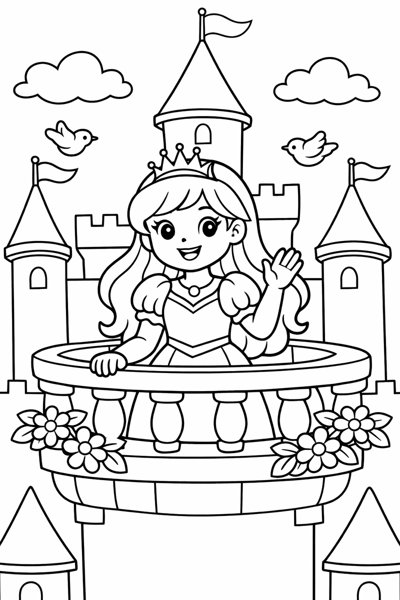 Princess waving from her castle balcony coloring page