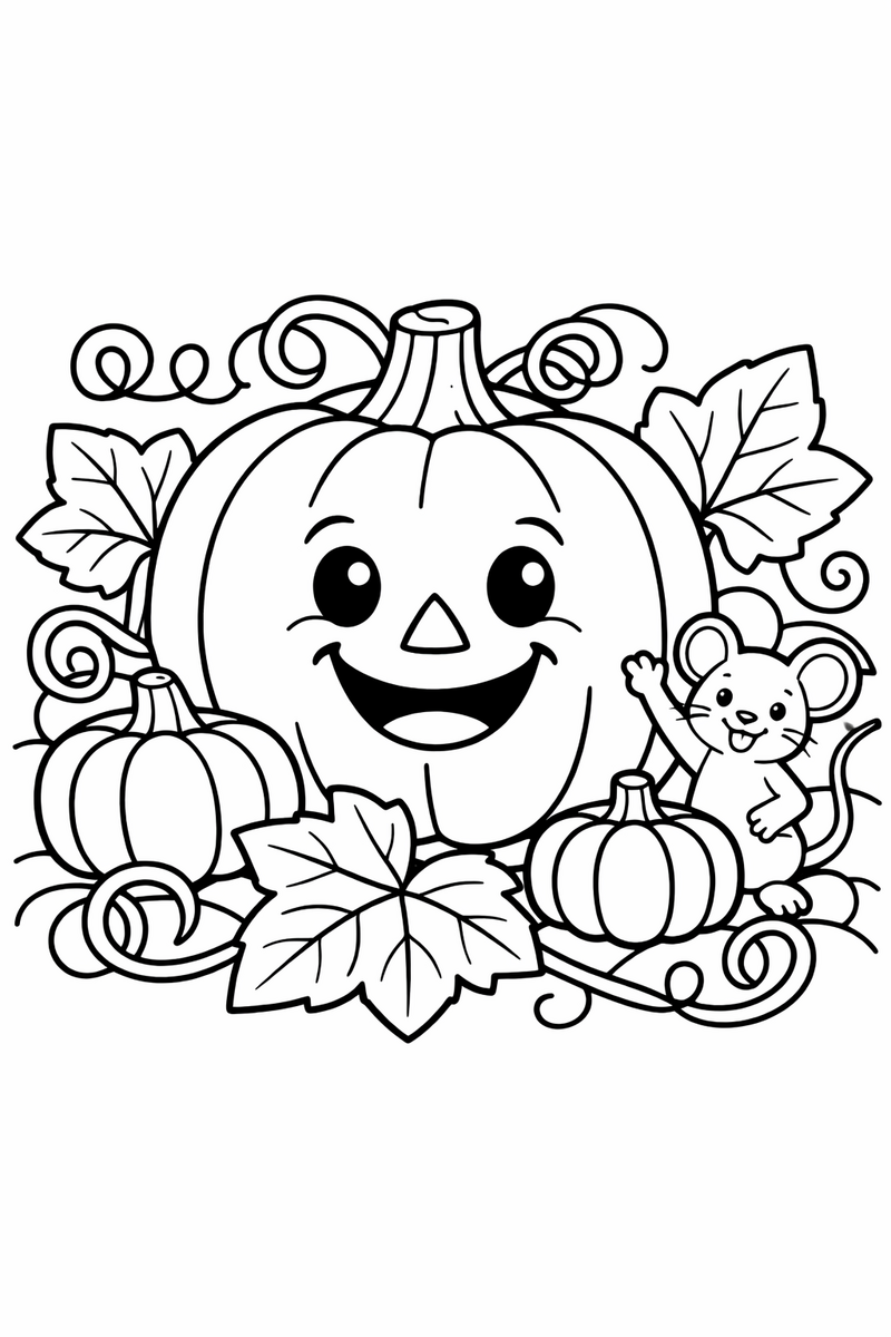 A big smiling pumpkin sitting in a pumpkin patch among curly vines, big leaves and two small pumpkins, with a little mouse waving coloring page