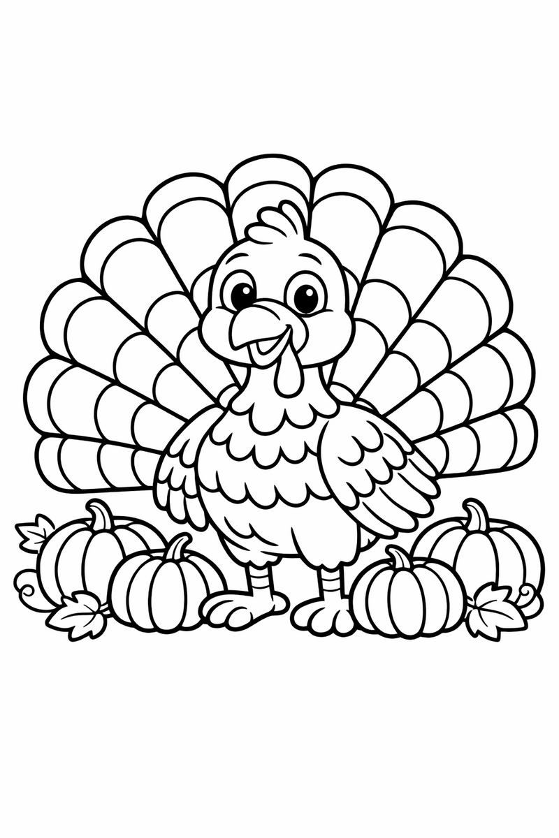 A proud cartoon turkey with a big fanned tail of large feathers, standing among small pumpkins coloring page