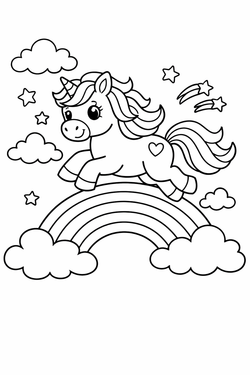 Unicorn jumping over a bright rainbow with fluffy clouds coloring page